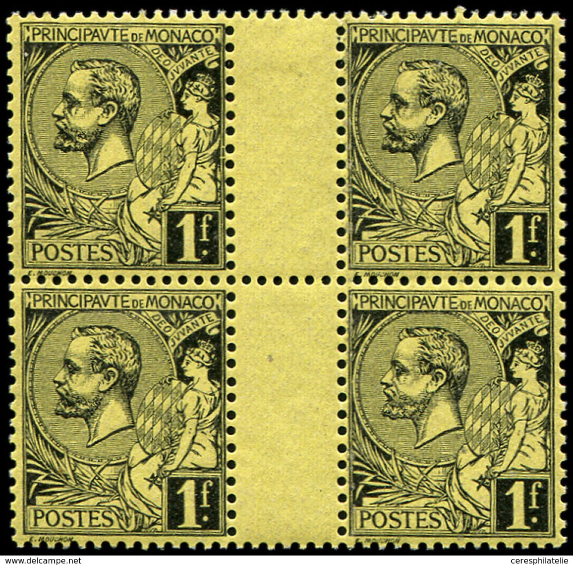 ** MONACO 20 : 1f. Noir Sur Jaune, Albert Ier, BLOC De 4 Interp. Avec * Sur Le Pont, TB - Used Stamps