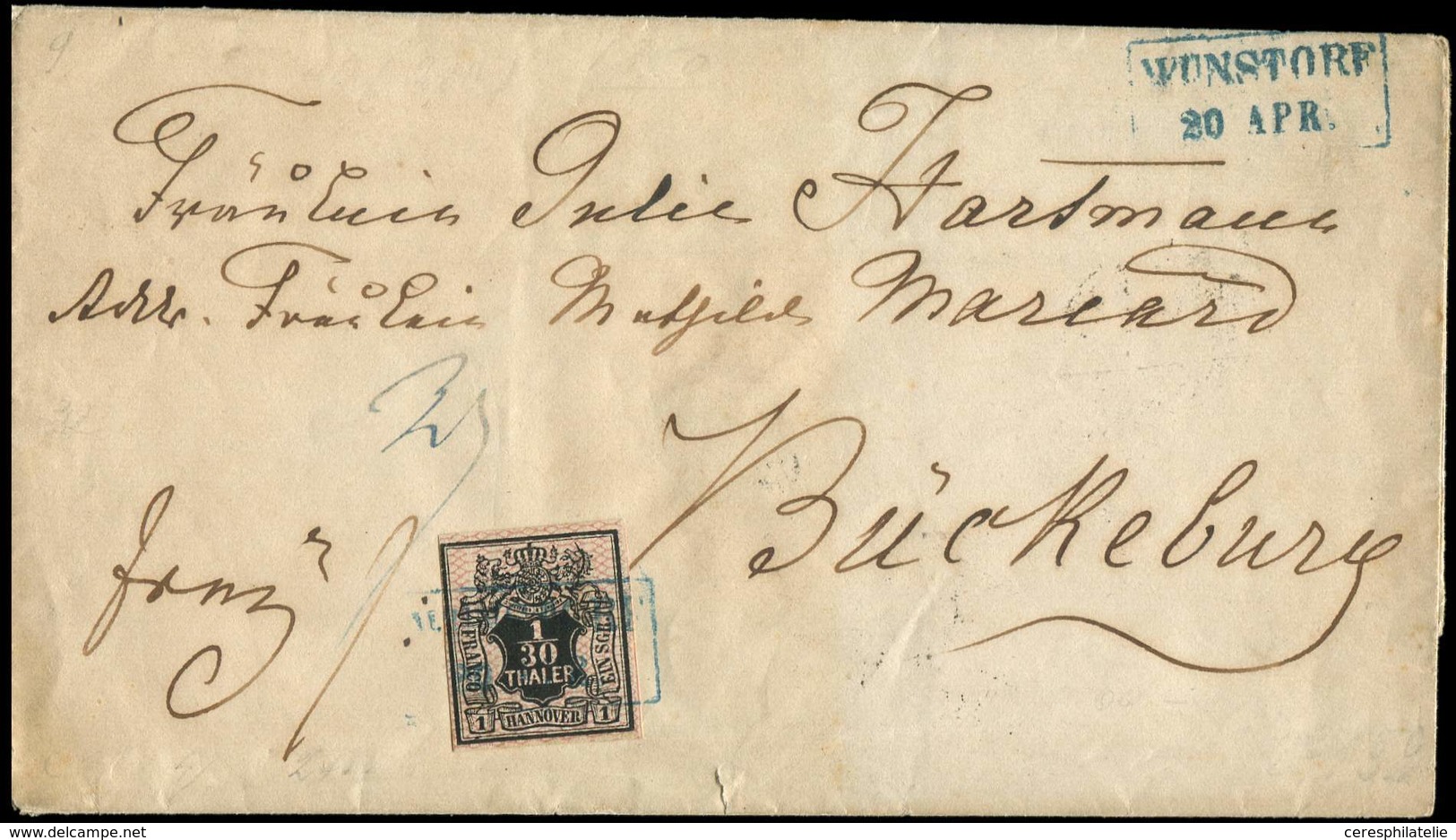 Let ALLEMAGNE (ANCIENS ETATS) HANOVRE 11 : 1/30t. Noir Et Rose, Obl. Cachet Bleu WUNSTORF/20 APR S. LSC De 1858, TB - Hanover