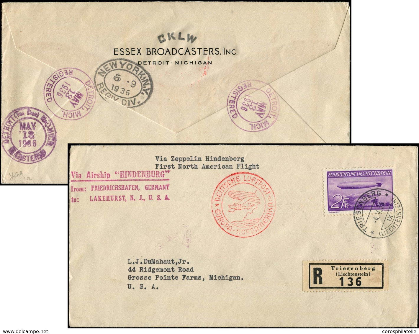 Let LIECHTENSTEIN PA 16 : 2f. Violet Obl. 4/5/36 Sur Env. Rec., Griffe Zeppelin Hindenburg, Arr. Detroit Le 13/5, Via Ne - Other & Unclassified