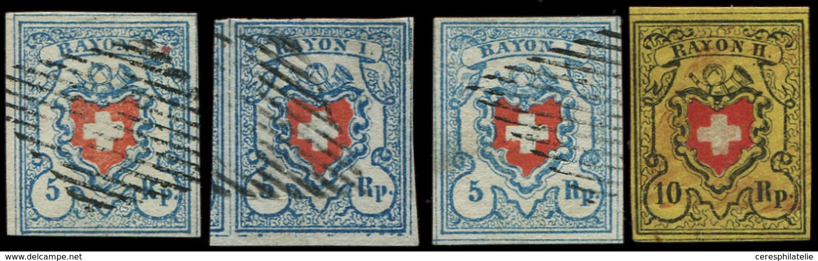 SUISSE 15 Et 20 (3) : 10Rp. Rayon II Et 5Rp. Rayon I De 1850-51, Obl., N°15 Papier Carton, TB - Used Stamps