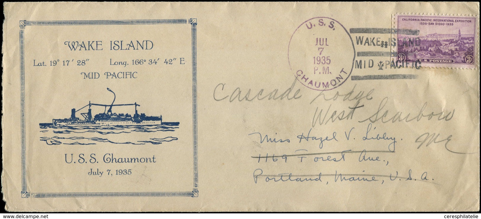 Let ETATS-UNIS 339 Obl. WAKE ISLAND/MID PACIFIC 7/7/35 Sur Env. USS Chaumont Pour West Scarboro, TB - Other & Unclassified