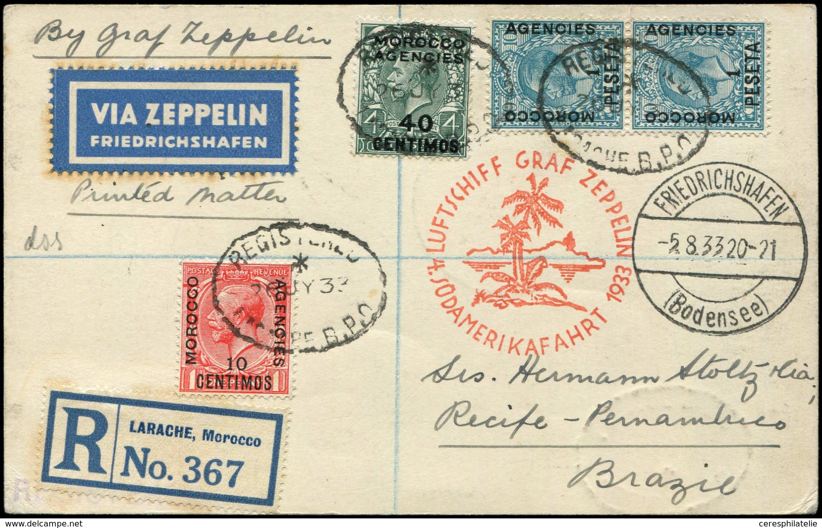 Let MAROC Bureaux Anglais 56, 60 Et 61 (2) Obl. Càd Reg. LABACHE B.P.O. S. CP Zeppelin 5/8/33, TB - Morocco Agencies / Tangier (...-1958)