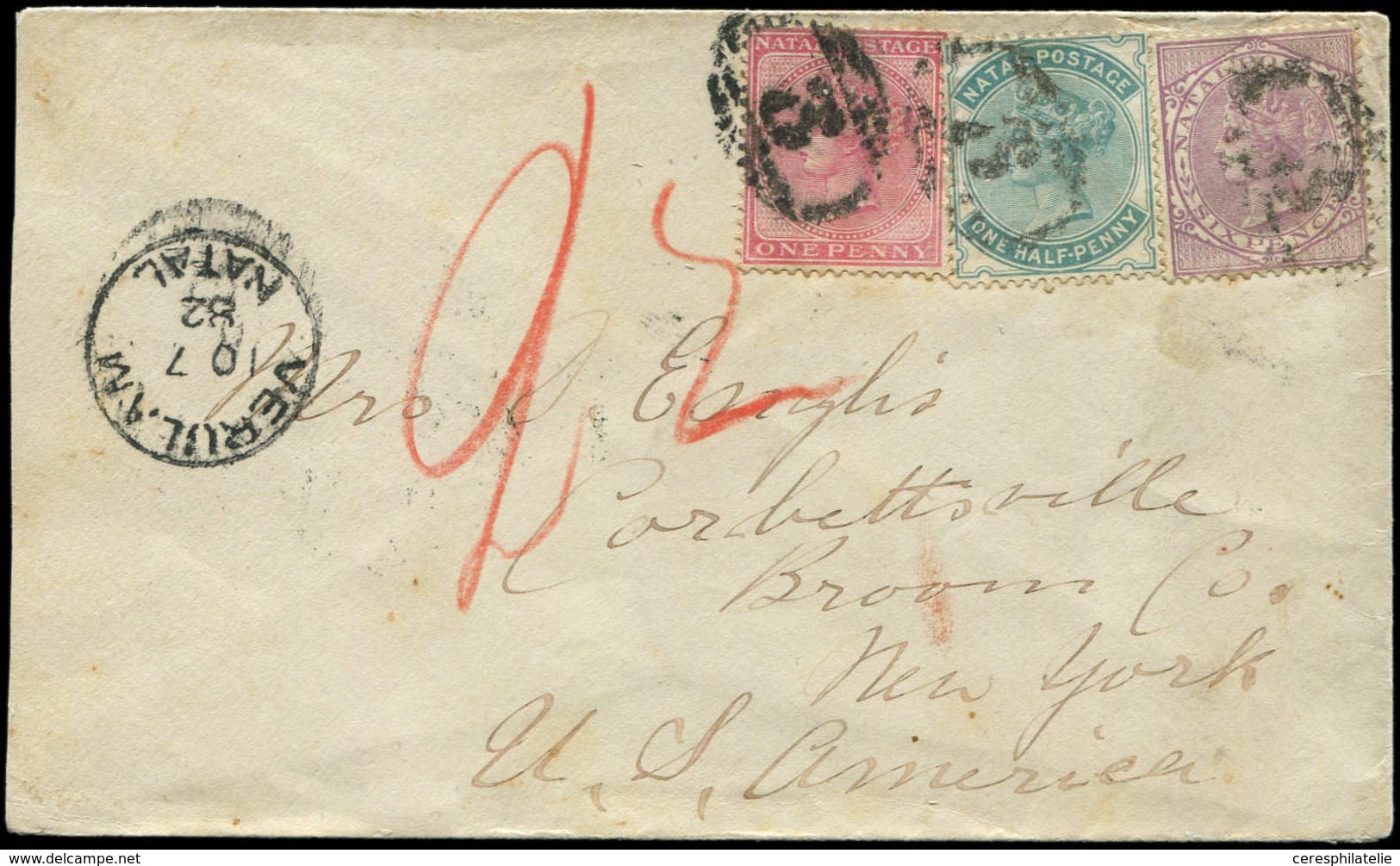 Let NATAL 28, 29 Et 32 Obl. Càd VERULAM 10/7/82 S. Env. Pour NEW-YORK, TB - Natal (1857-1909)