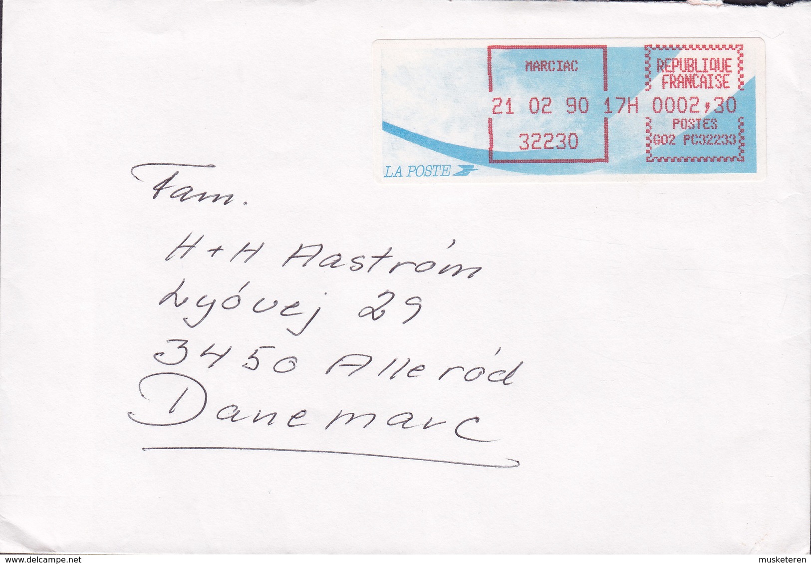 France ATM FRama Label MARCIAC 1990 Cover Lettre ALLERØD Denmark - 1990 « Oiseaux De Jubert »