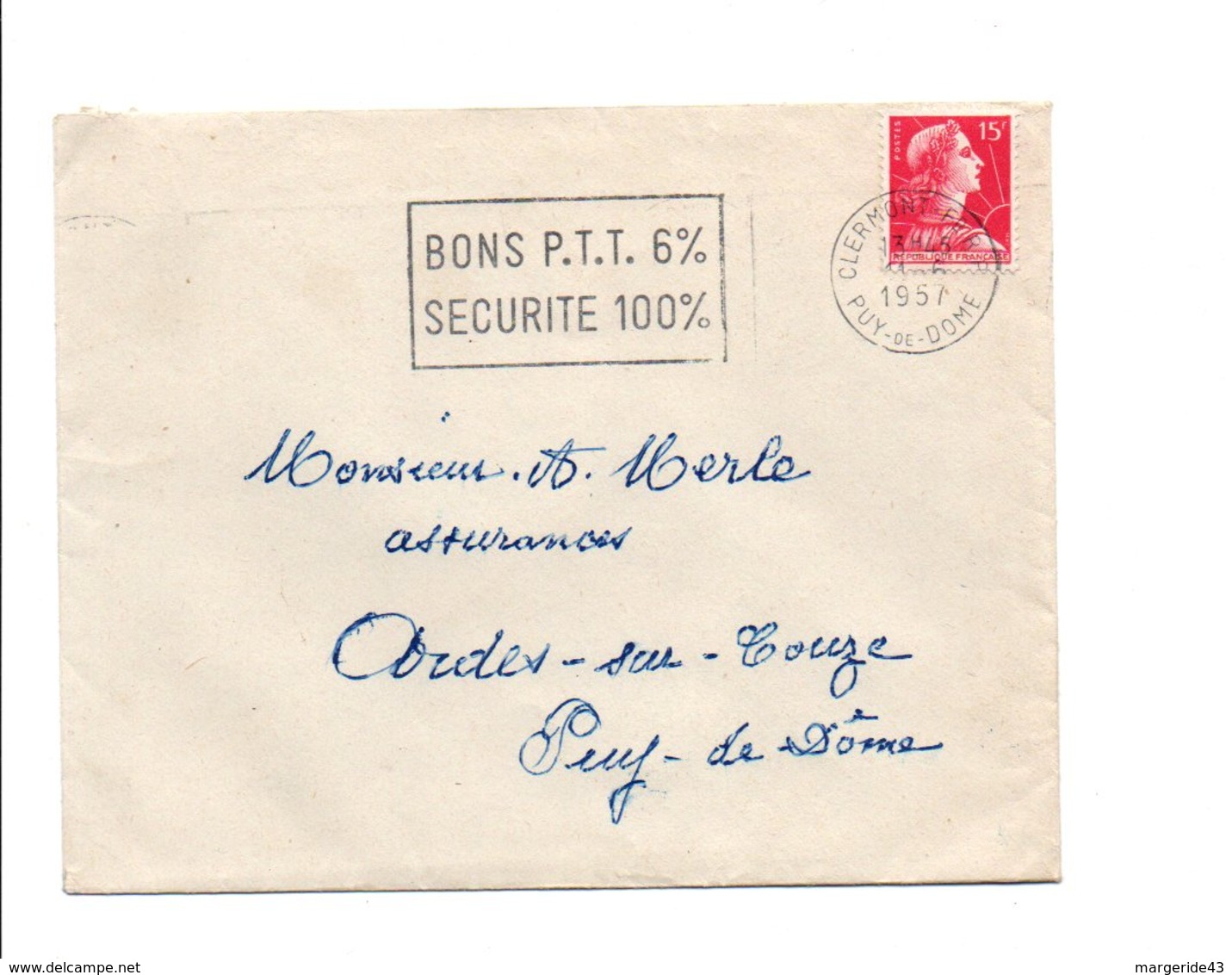 FLAMME BONS PTT 6% CLERMONT FERRAND 1957 - Oblitérations Mécaniques (Autres)