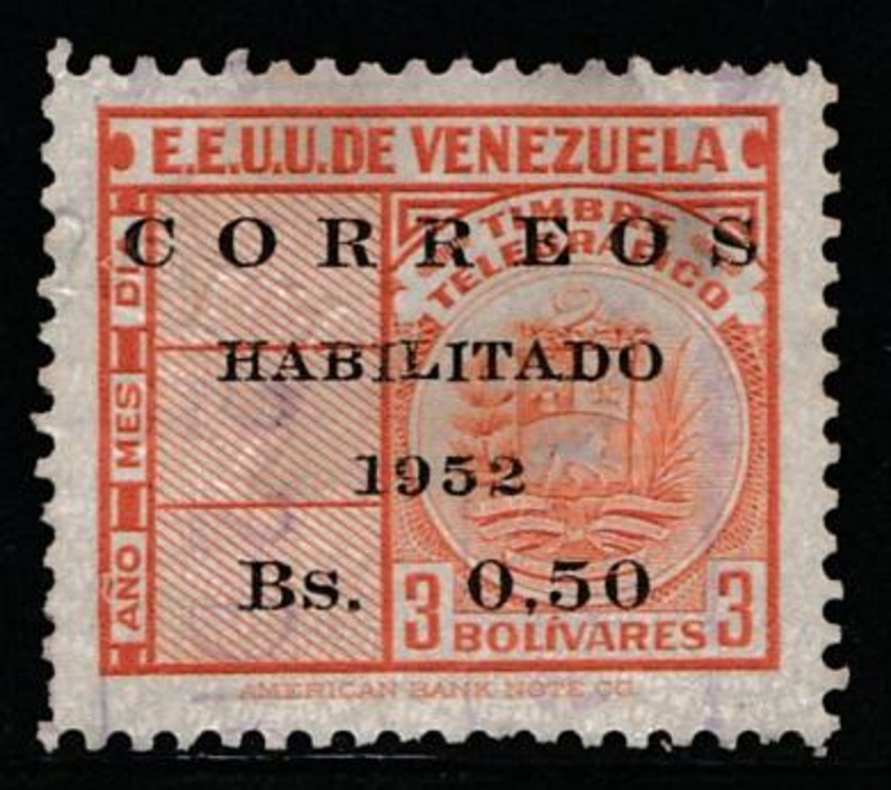 VENEZUELA 1952 - Revenue Stamps Surcharged - 50ct On 3bs Stamp - VFU - Venezuela