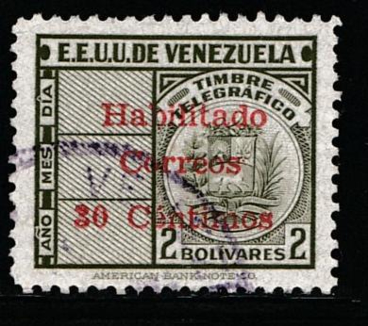 VENEZUELA 1951 - Revenue Stamps Surcharged - 30ct On 2bs Stamp - VFU - Venezuela