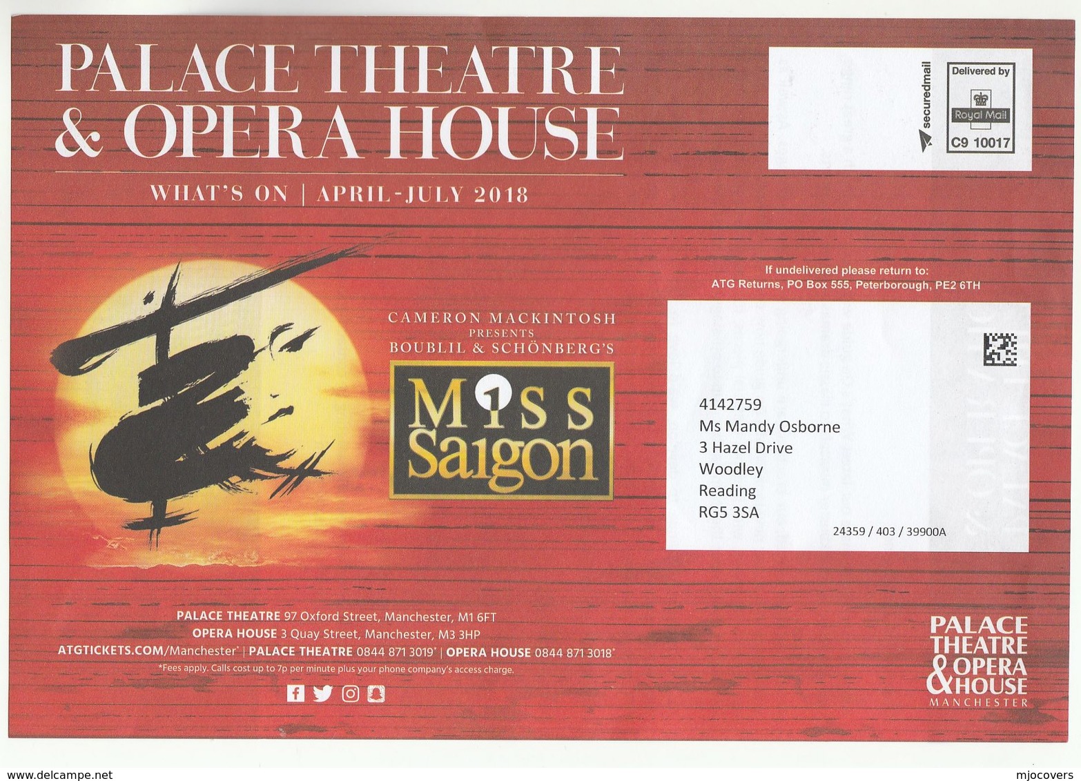2018 MISS SAIGON Stylized HELICOPTER Illus ADVERT COVER (lettersheet) Palace Theatre Manchster GB Music Prepaid Stamps - Helicopters