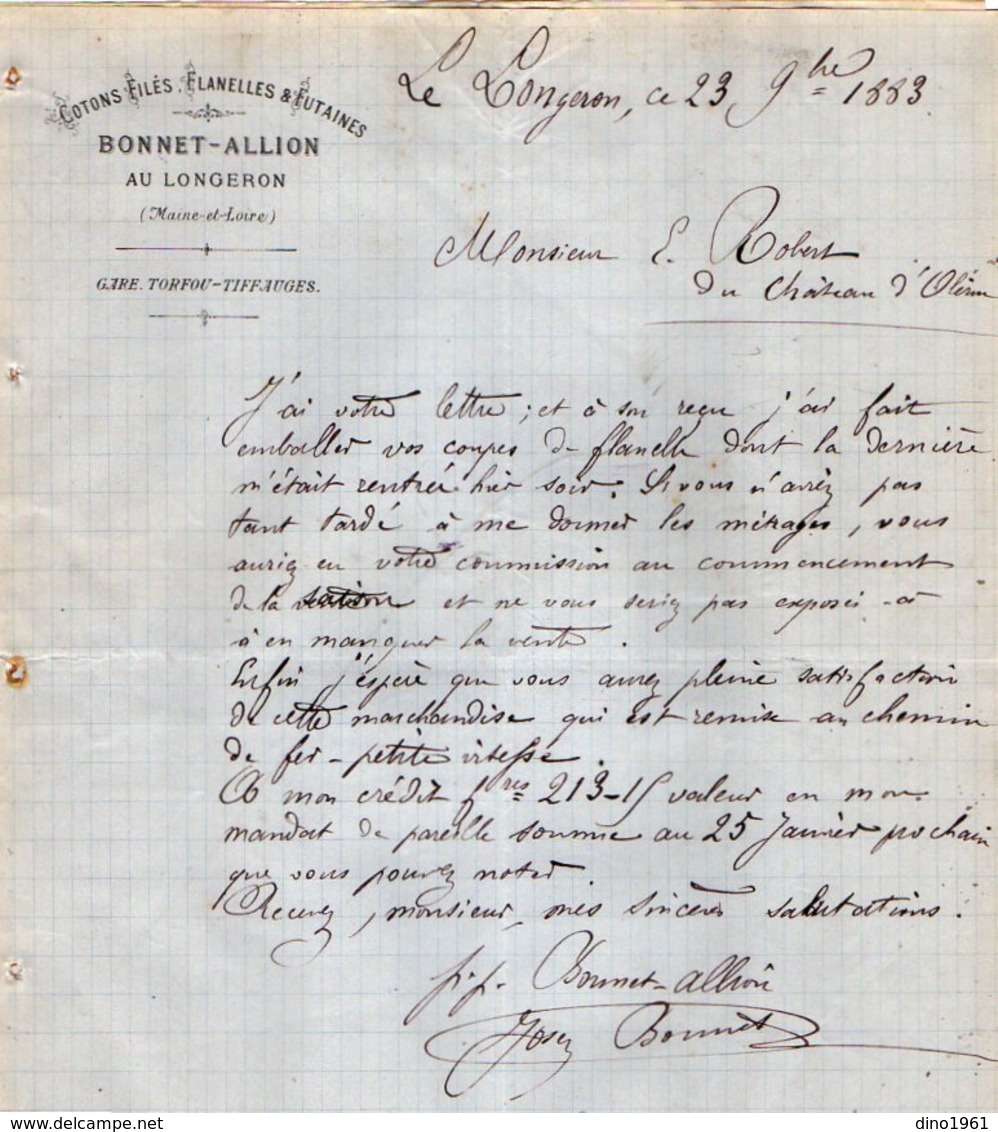 VP12.377 - Lettre - Cotons Filés, Flanelles & Futaines BONNET - ALLION Au LONGERON ( Maine & Loire ) - Textile & Vestimentaire