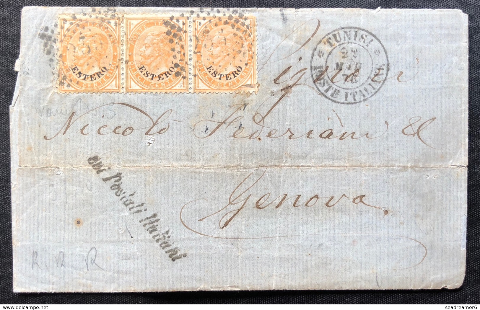 Italie Levant 1874 10 Centisimi Orange Bande De 3 De TUNISI Par La Voie Maritime Italienne, RR - Algemene Uitgaven