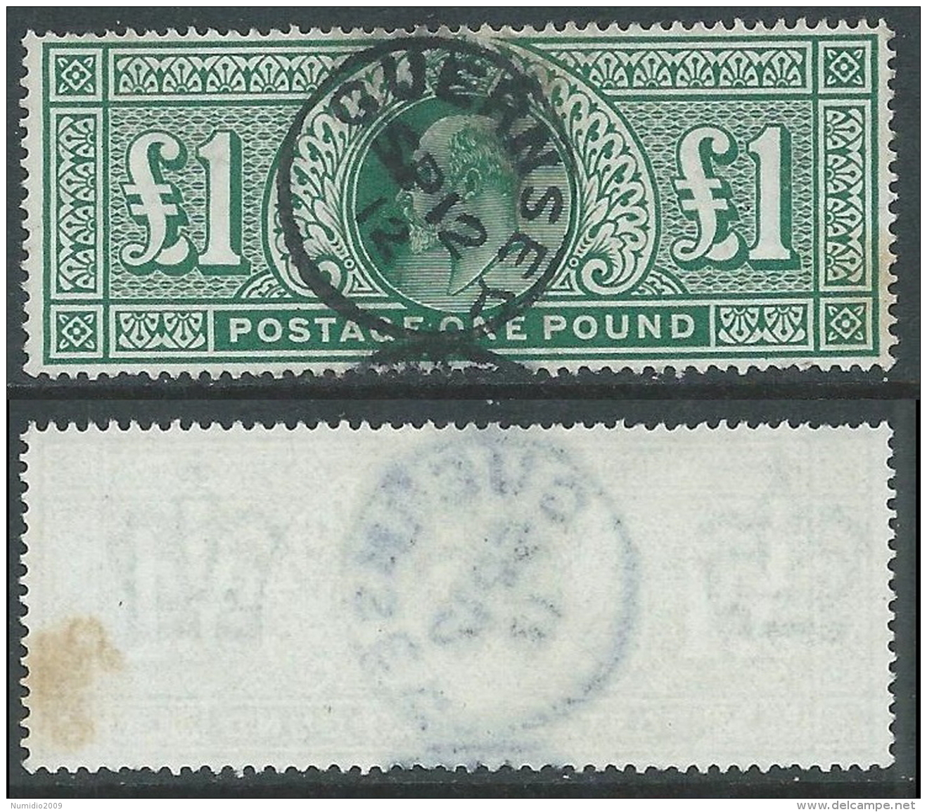 1911 GREAT BRITAIN USED SG 320 DEEP GREEN &pound;1 CERTIFICATE DAVID BRANDON - Usati
