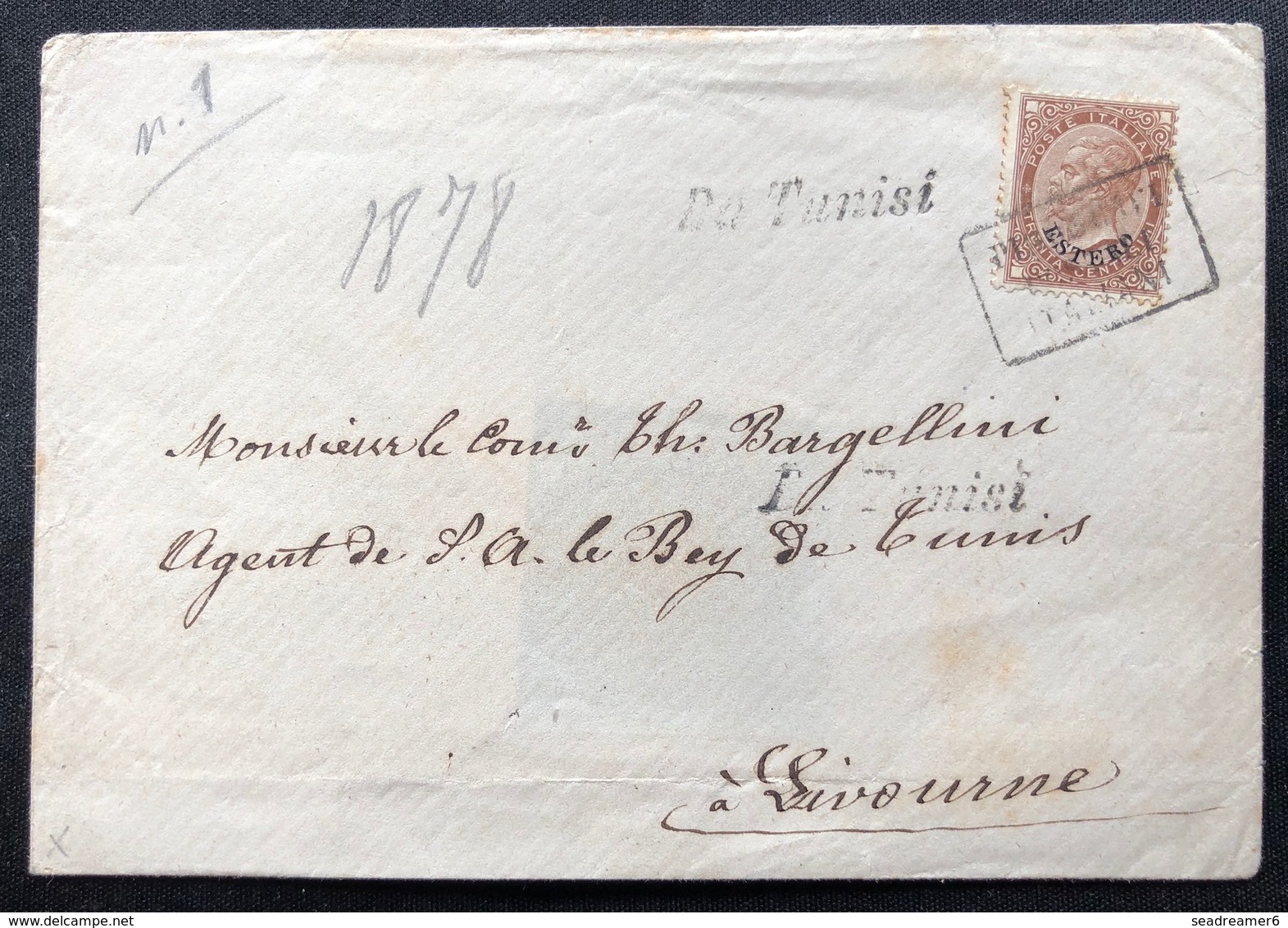 Italie Levant 1878 30 Centisimi  Brun Rouge Obl "Piroscafi Postali Italiana" De TUNISI  Voie Maritime Italienne, RR - Algemene Uitgaven