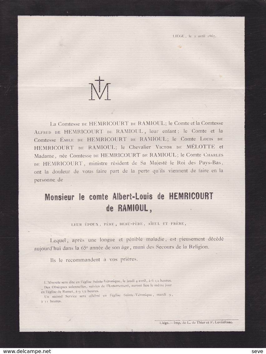 LIEGE RAMET Comte Albert-Louis De HEMRICOURT De RAMIOUL 65 Ans 1867 - Obituary Notices