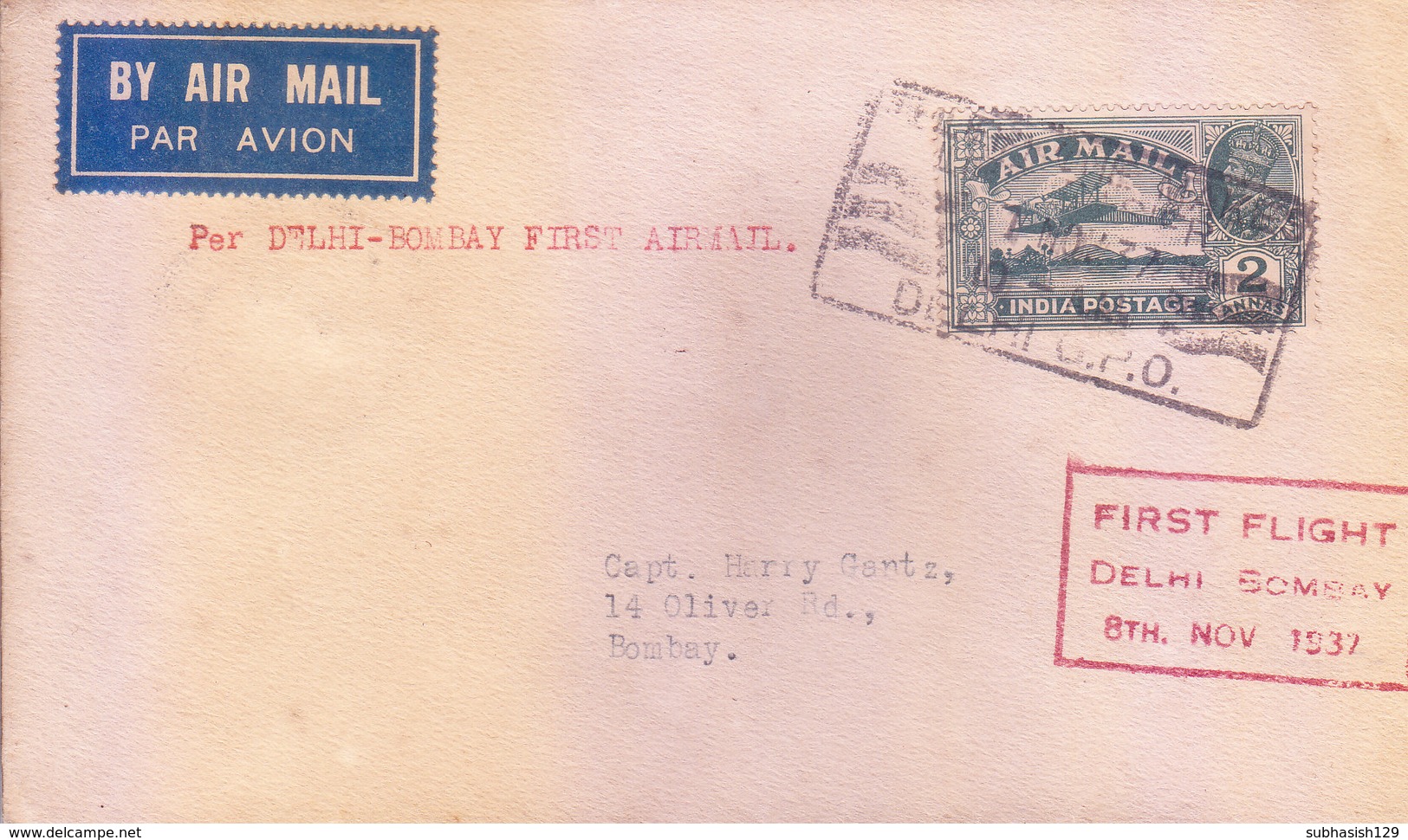 BRITISH INDIA : FIRST FLIGHT COVER : 08-11-1937 : DELHI TO BOMBAY : TATA AND SONS AIRLINE - 1911-35 King George V