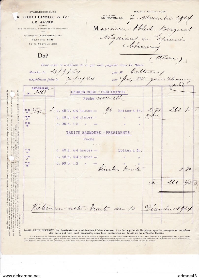 Facture Poissons Pêche Etablissements Guillermou & Cie, 184 Rue Victor-Hugo, Le Havre (Seine-Maritime), 1924 - Food