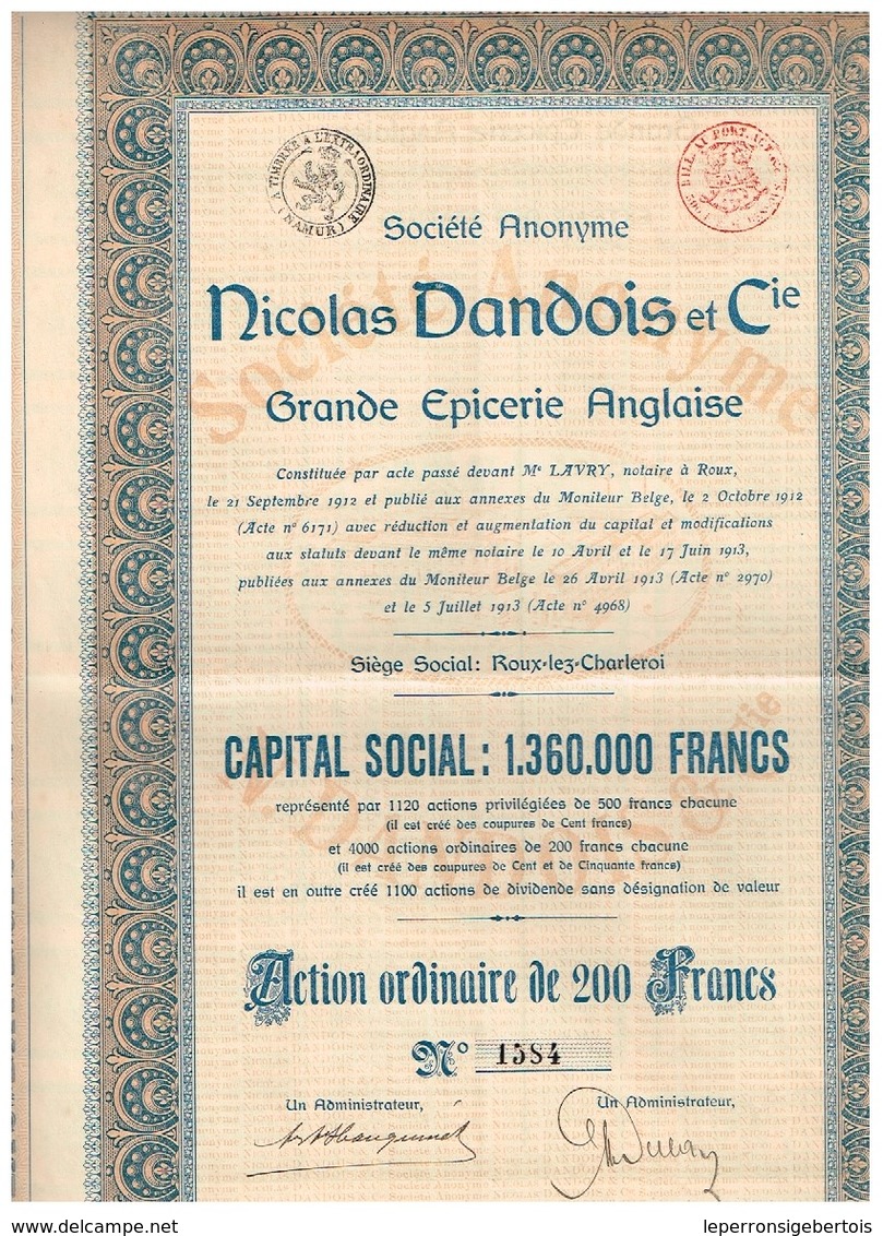 Action Ancienne - Nicolas Dandois Et Cie - Grande Epicerie Anglaise - Titre De 1913 - Industrie