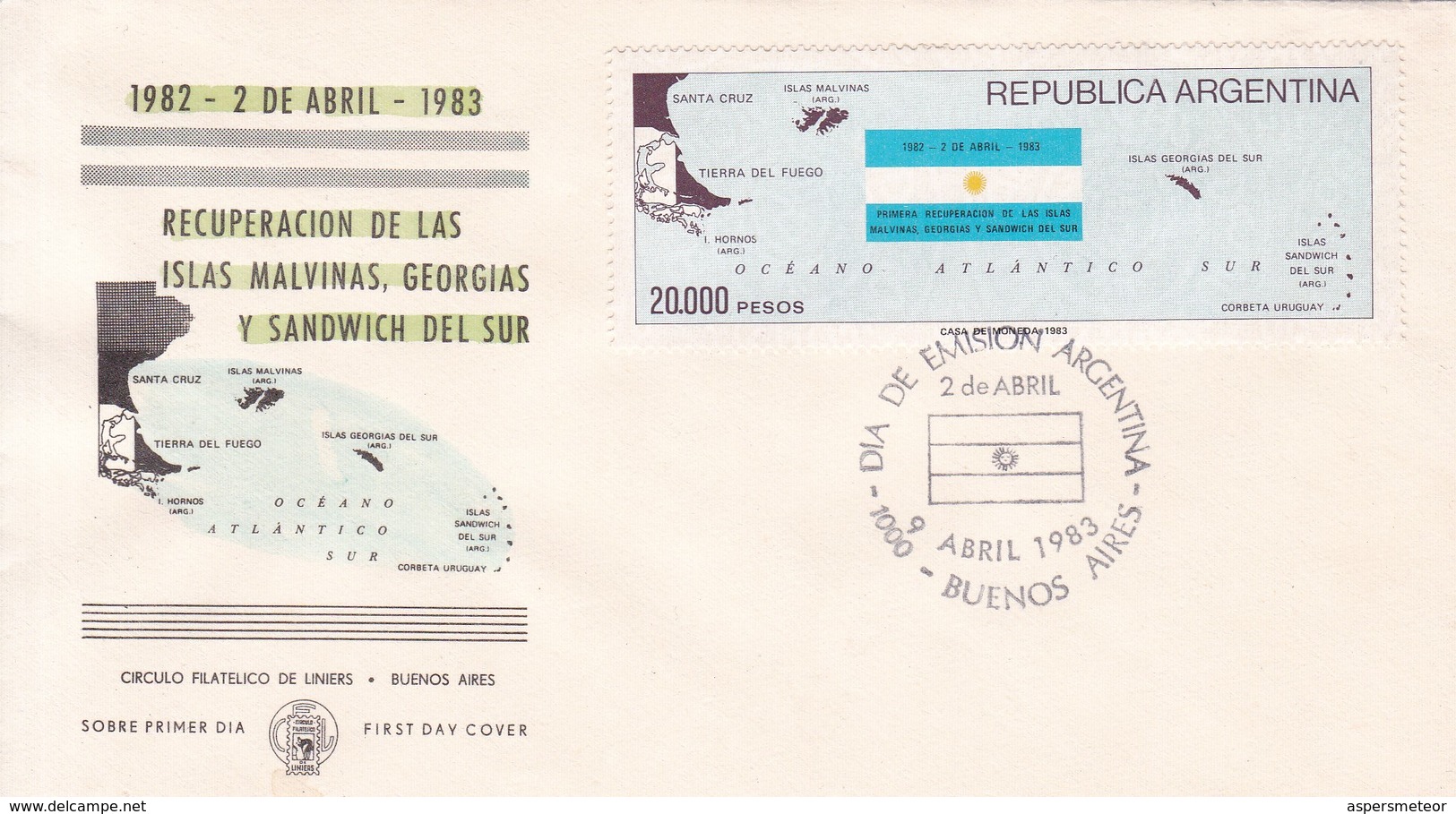 RECUPERACION DE LAS ISLAS MALVINAS, GEORGIAS Y SANDWICH DEL SUR. FDC OBLIT BUENOS AIRES 1983. ARGENTINA- BLEUP - Falkland Islands