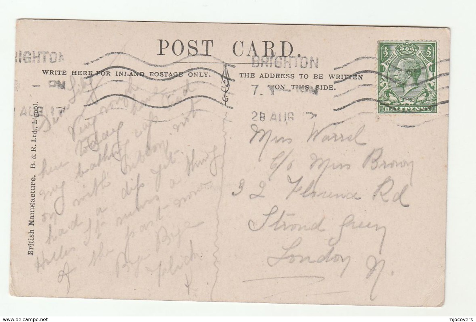 1917 Brighton GB Stamps Cover (postcard Brighton Aquarium & Pier) Gv - Covers & Documents