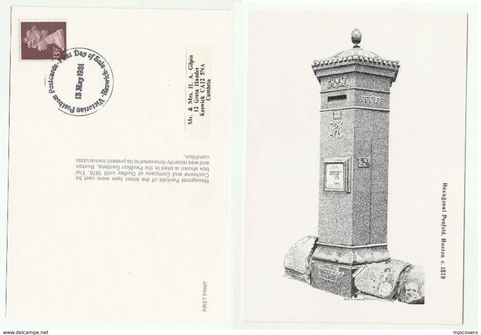 1981 GB 1879 BUXTON PILLARBOX First Day Postcard GB Stamps Postbox  Cover Keswick - Brieven En Documenten
