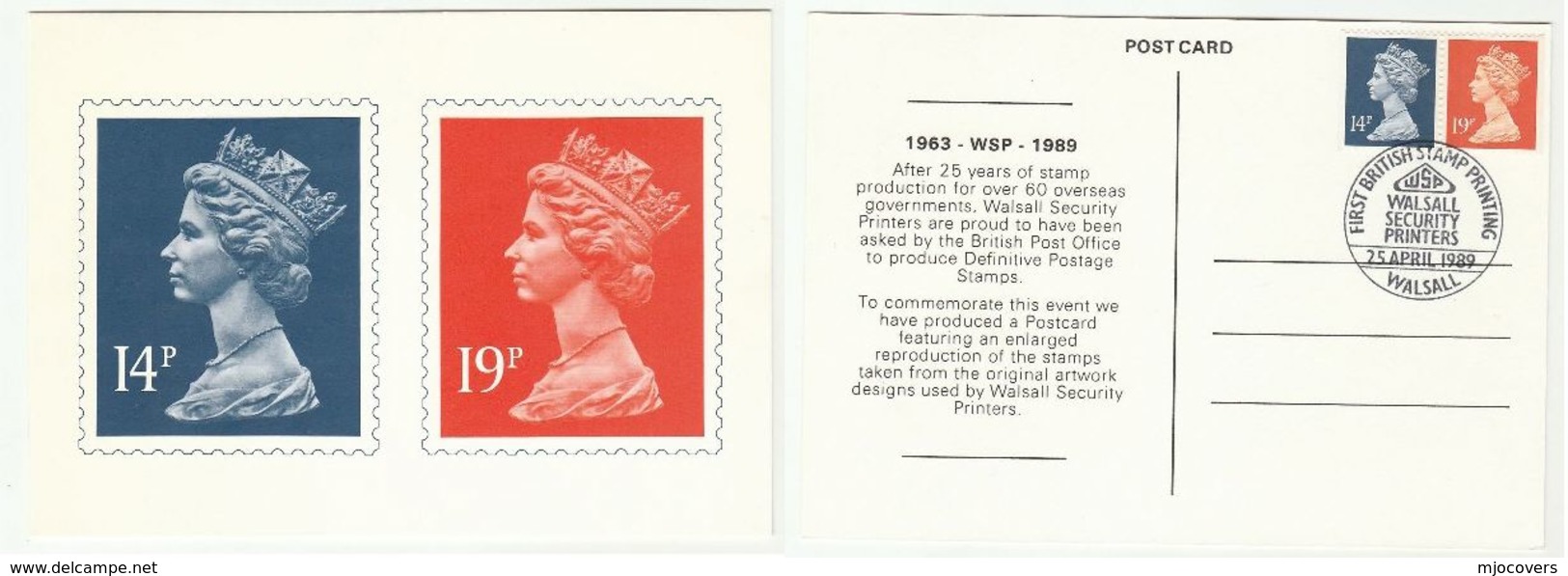 1989 GB FDC Walsall Security Printers 1st British Stamp Printing 14p 19p Definitives SPECIAL POSTCARD - 1981-1990 Decimal Issues