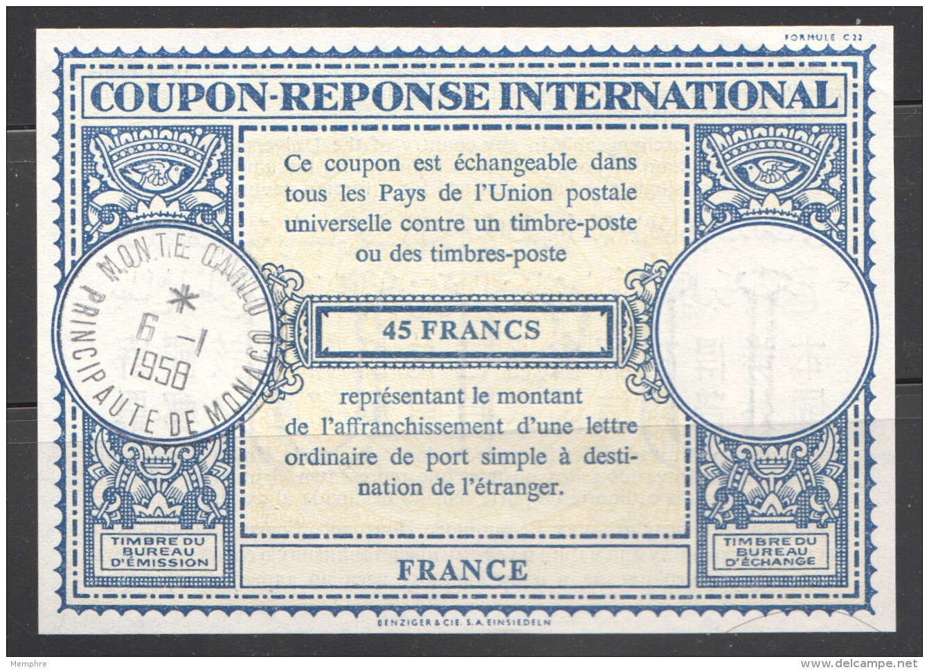 Coupon Réponse International 45 Francs 1958  Type De Londres Oblitéré Monte Carlo - Postwaardestukken