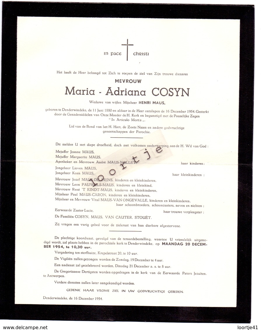 Devotie - Doodsbrief - Overlijden - Maria Cosyn - Denderwindeke 1880 - 1954 - Obituary Notices