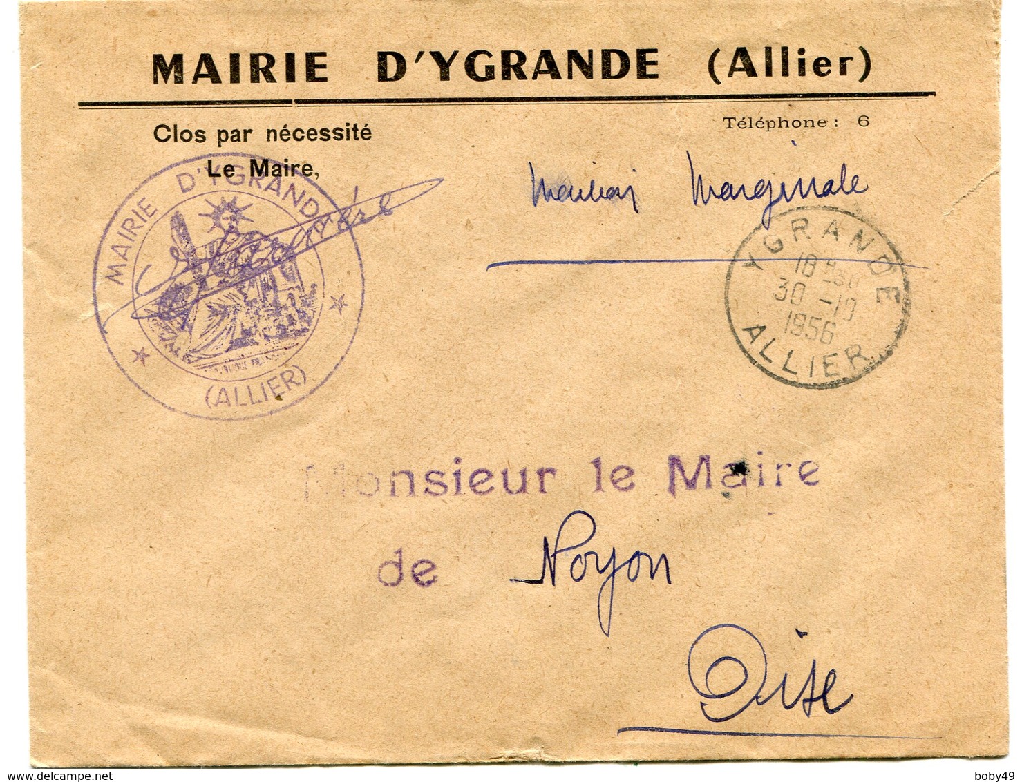 ALLIER De YGRANDE  Env. A En Tête De La Mairie Avec Dateur A7  Du  30/10/1956 - 1921-1960: Periodo Moderno