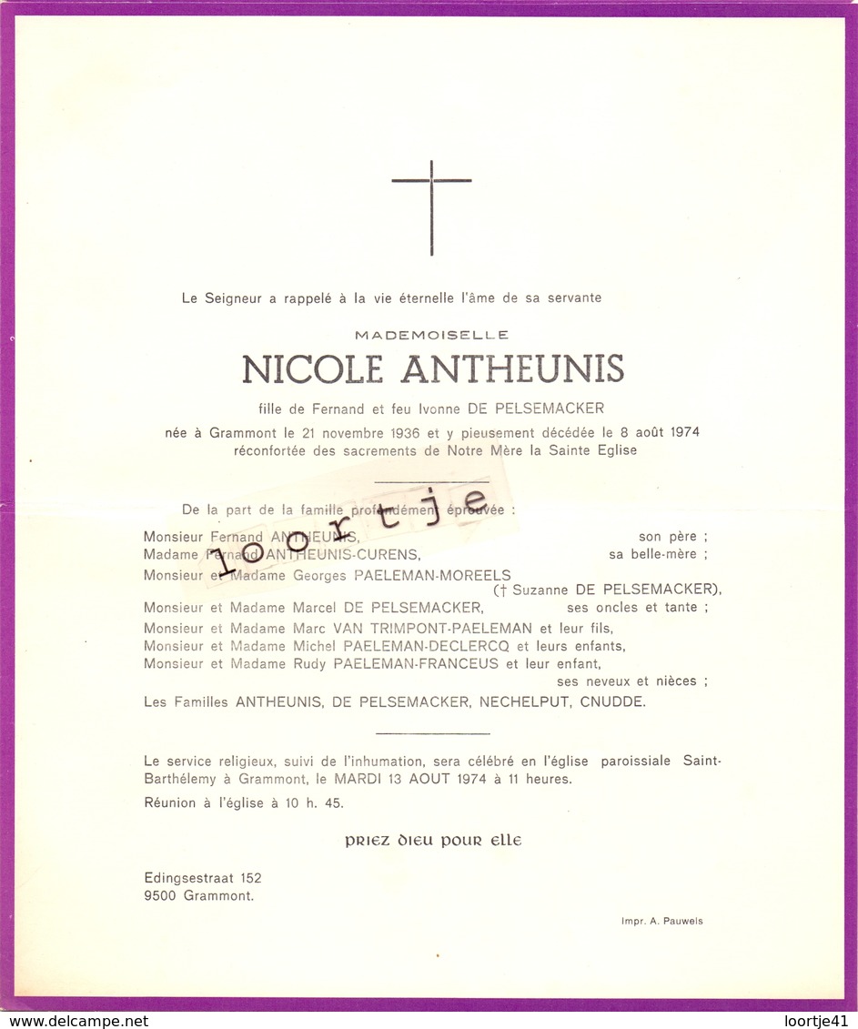 Devotie - Doodsbrief - Overlijden - Nicole Antheunis - Grammont 1936 - 1974 Geraardsbergen - Obituary Notices