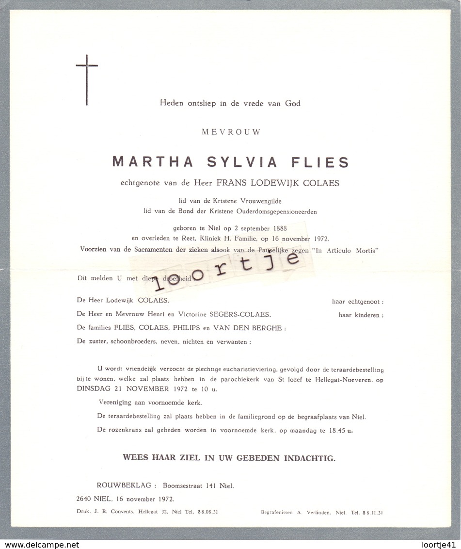 Devotie - Doodsbrief - Overlijden - Martha Sylvia Flies - Niel 1888 - Reet 1972 - Obituary Notices