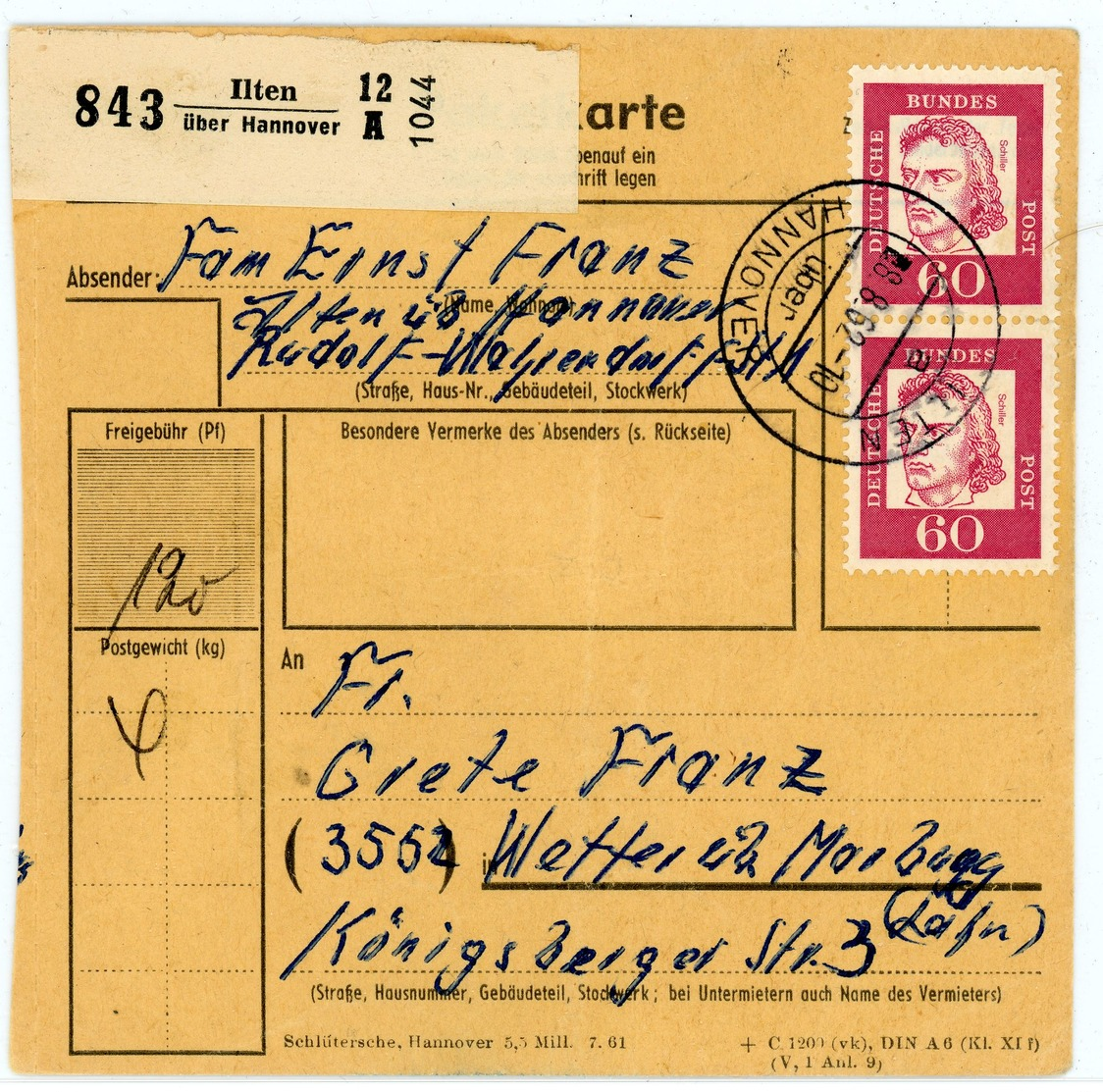 Landpoststempel "Ilten über Hannover" Paketkarte 1962 - Briefe U. Dokumente