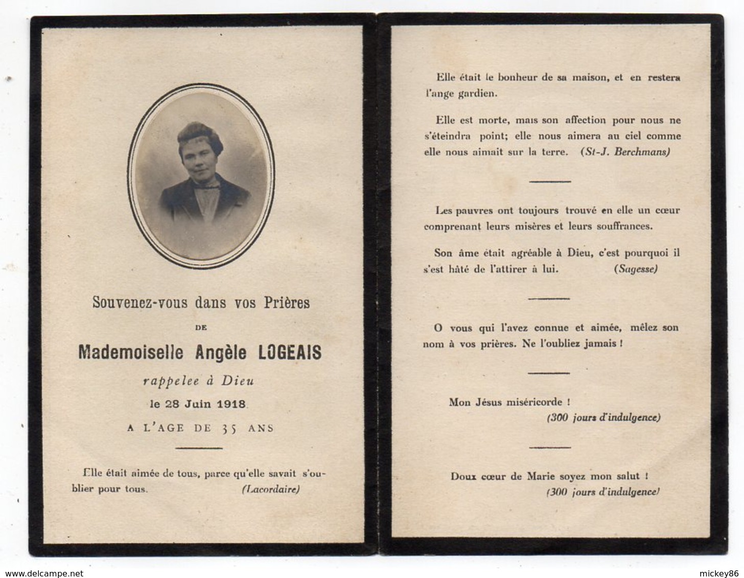 Petite Carte Double -Faire-Part De Décès 1918--Angèle LOGEAIS -format Plié  7.5 X 11,5 - Décès