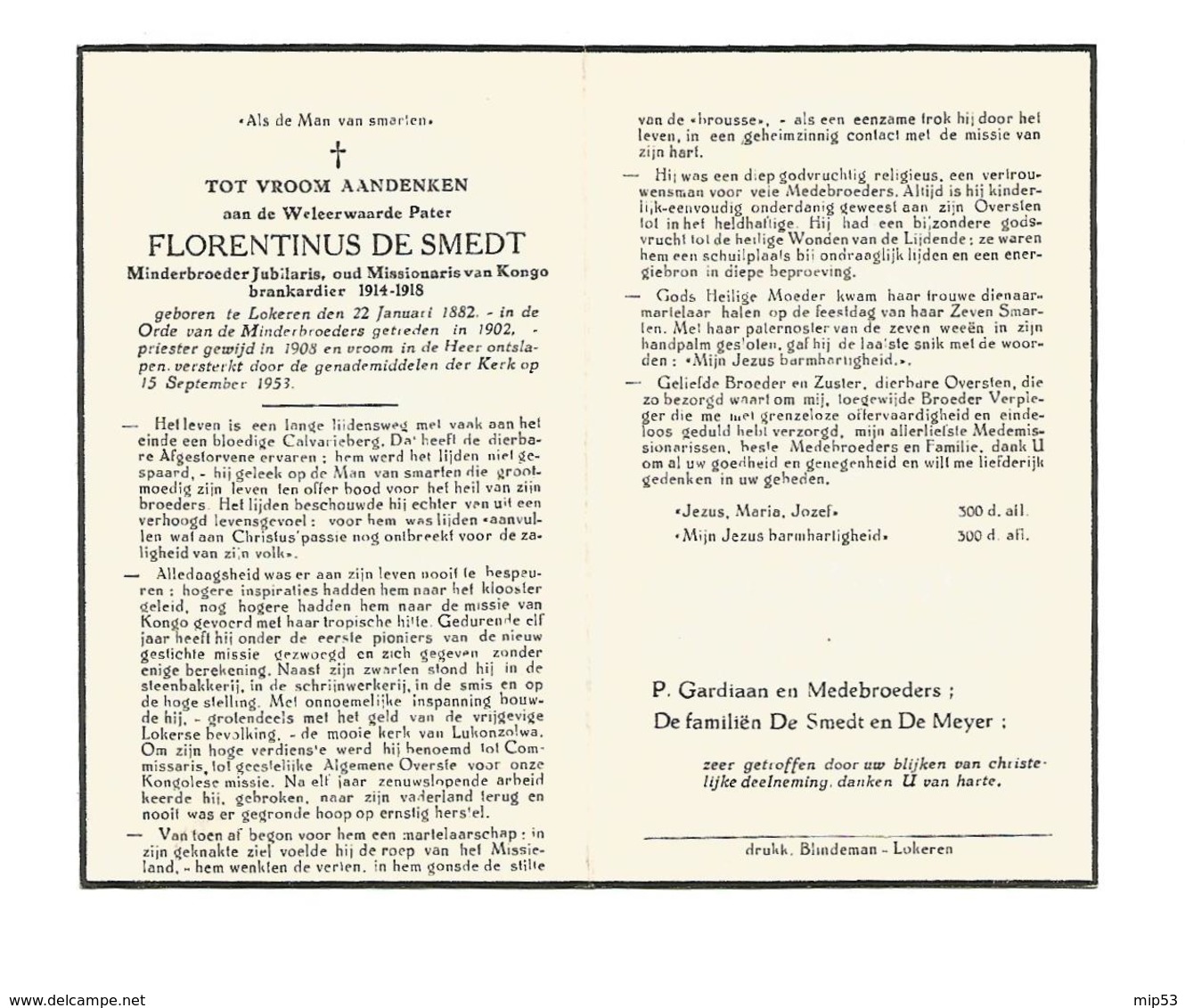 P 536. E.Pater FLORENTINUS DE SMEDT - Minderbroeder Jubilaris/Miss. KONGO/ Brankardier 1914-1918 - LOKEREN 1882/1953 - Imágenes Religiosas