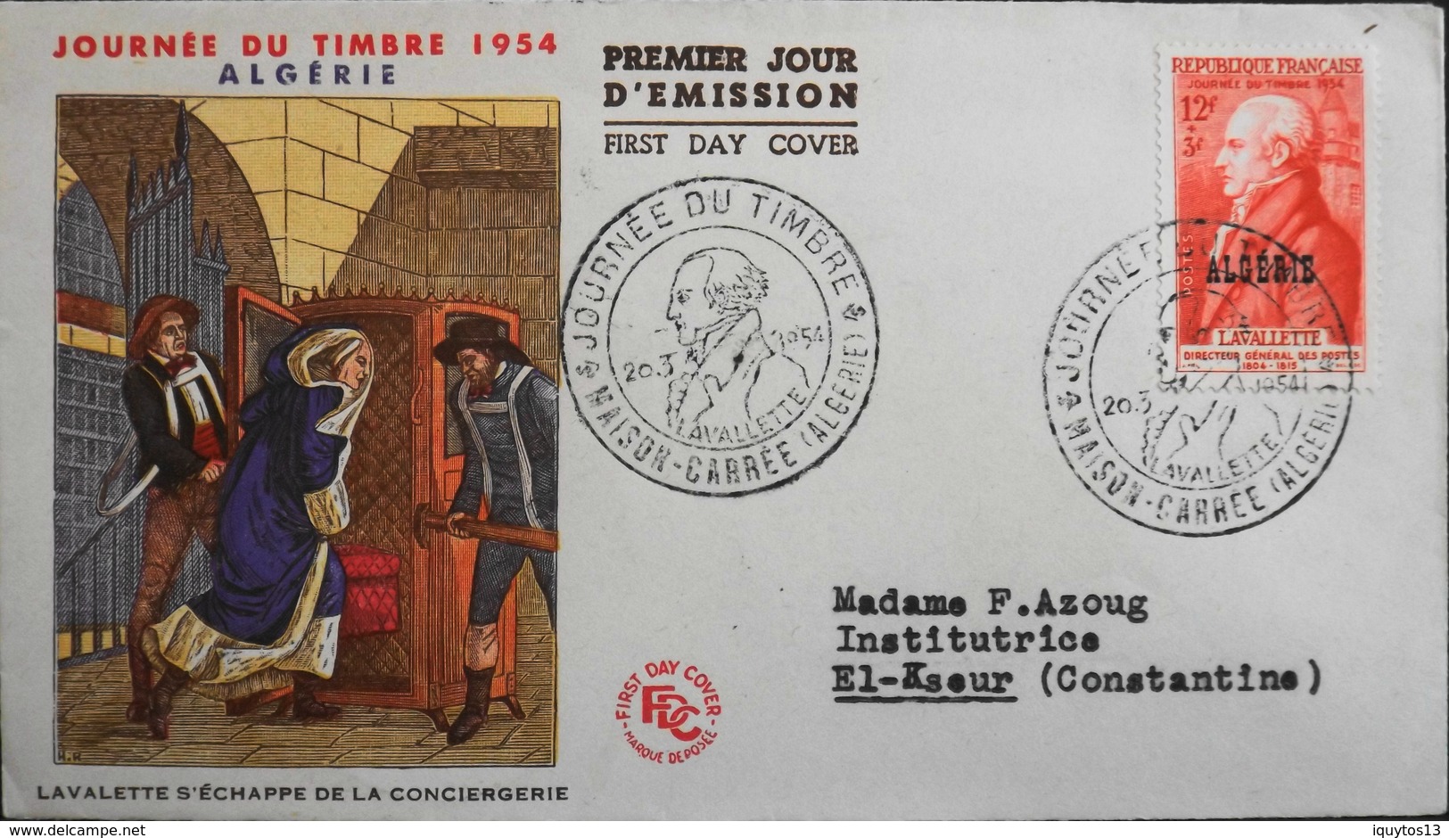 Enveloppe 1er Jour ALGERIE - JOURNEE Du TIMBRE 1954  Affr. N° 308 Y & T - Maison Carrée Daté Le 20.3.1954 - TBE - FDC