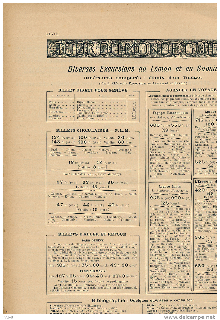 Cartes Et Horaires Des Trains Des Grandes Ville D'Europe Et De France Vers Genève, Interlaken, Chamonix, Fribourg (1896) - Transports