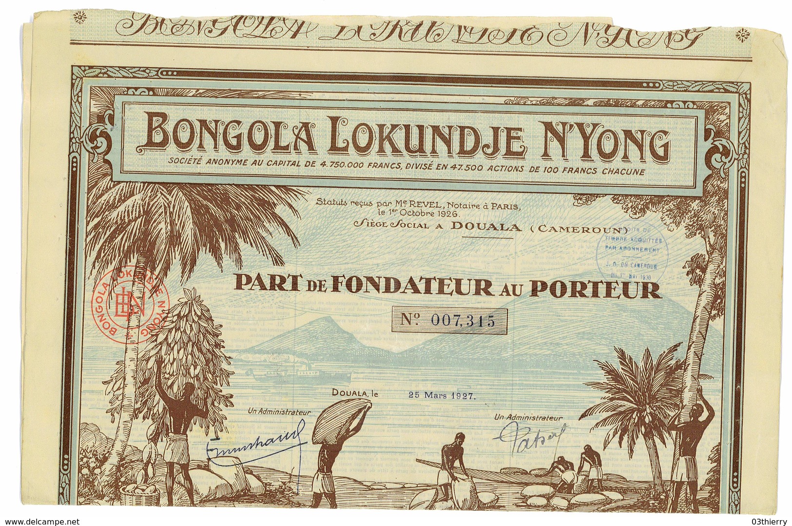 ACTION BONGOLA LOKUNDJE NYONG DOUALA CAMEROUN PART DE FONDATEUR AU PORTEUR 1927 - Afrique