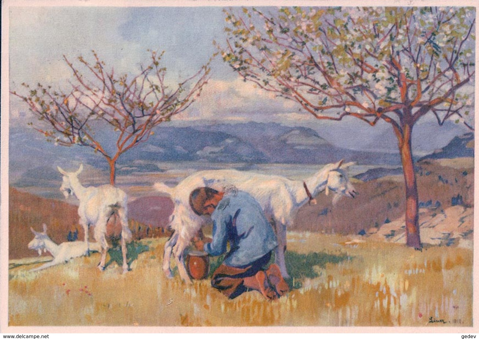 C. Liner, La Traite Des Chèvres, Carte Et Timbre Pro Juventute (28.12.1929) 10x15 - Paintings