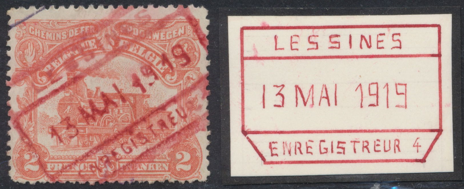 Chemin De Fer - N°TR74 Cachet Chemin De Fer Rouge "Lessines Enregistreur 4" 13/5/1919. TB - Sonstige & Ohne Zuordnung