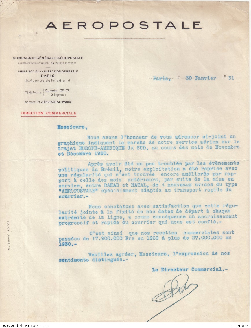 FRANCE : PA . AEROPOSTALE . SUR L'EVOLUTION DES RECETTES COMMERCIALES . DU SERVICE EUROPE-AMERIQUE DU SUD .  . - Autres & Non Classés