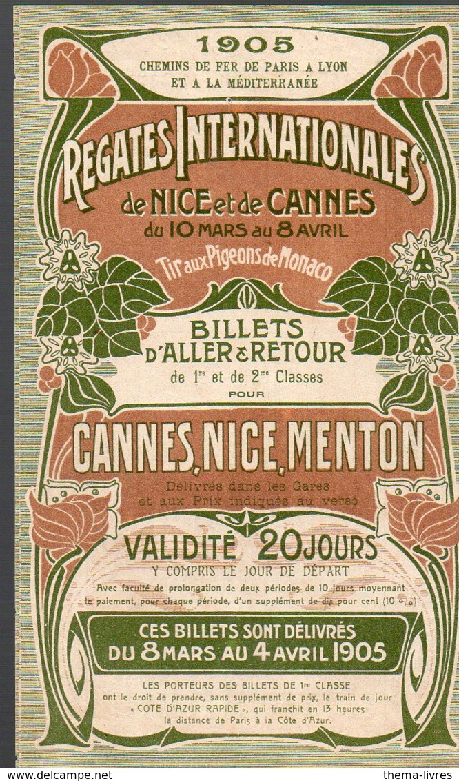 Cannes Nice Et Menton (06 Alpes Maritimes)  Horaire 1905 Régates Internationales  (PPP8879) - Europe
