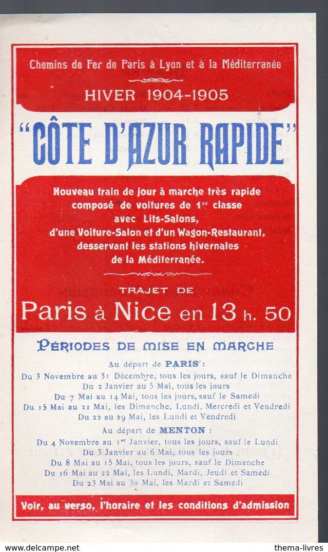 Chemins De Fer PLM : Horaire  COTE D'AZUR RAPIDE  Hiver 1904-05 (PPP8882) - Europa