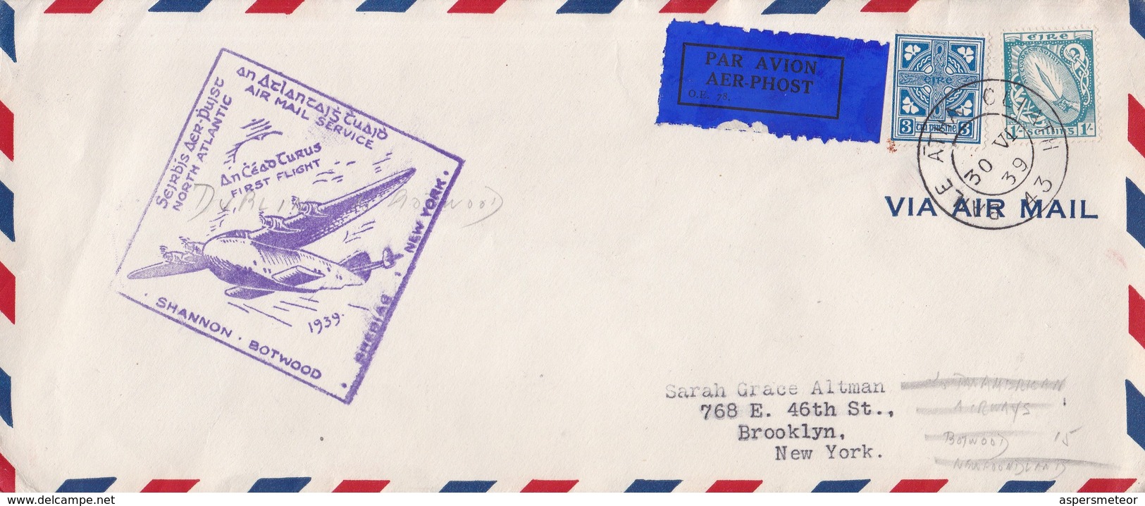 FIRST FLIGHT.SHANNON BOTWOOD NEW YORK 1939. IRELAND- BLEUP - Airmail