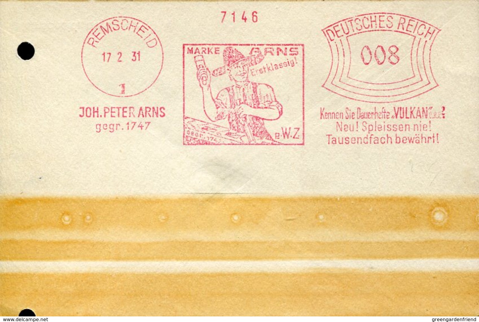 35054  Germany Reich, Red Meter/freistempel/ema/ 1931 Remscheid Joh Peter Arns, Dauerhefte Vulkan - Macchine Per Obliterare (EMA)