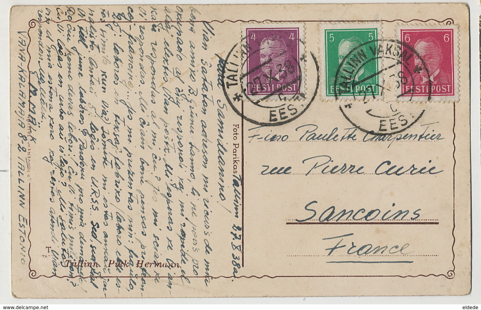 Tallinn Pikk Heremann Foto Parikas Written In Esperanto To Sancoins France 3 Different Stamps - Estonie