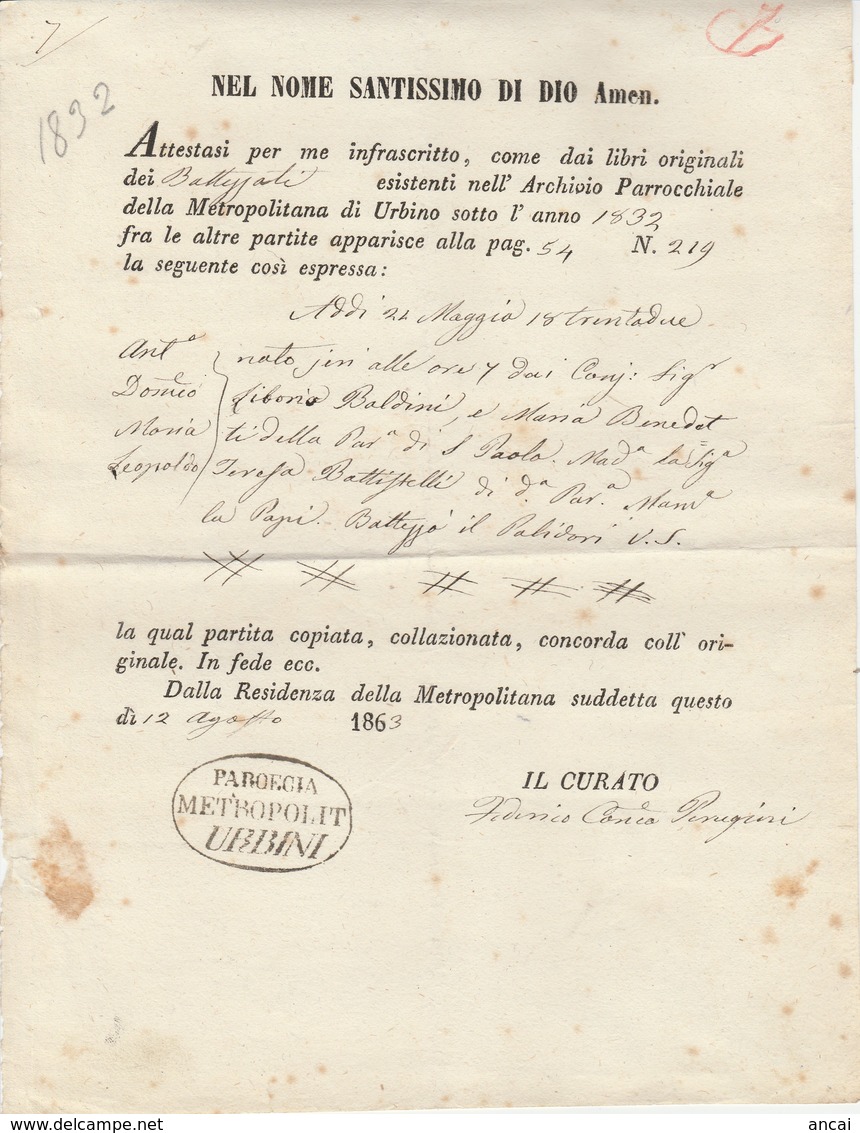 Urbino. 1863. Estratto Nascita Dell'Archivio Parrocchiale Della Metropolitana Di Urbino. - Religione & Esoterismo