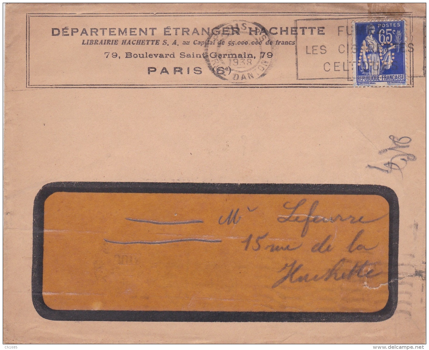 Perforé Perfin  A.G Département Etranger Hachette Sur Lettre Affranchie Avec Type Paix 65c Bleu - 1921-1960: Periodo Moderno