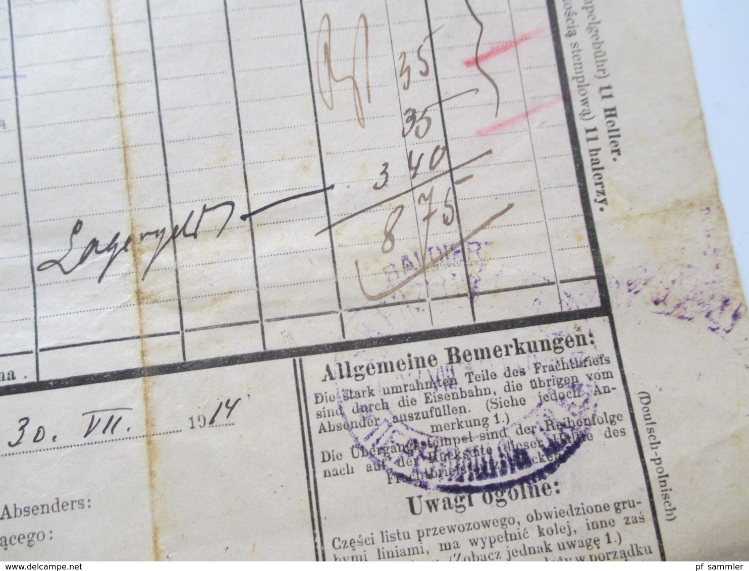 Österreich 1914 Frachtbrief Lemberg - Przemysl viele Stempel / Vermerke!! Sehr interessant!! Bahnpost