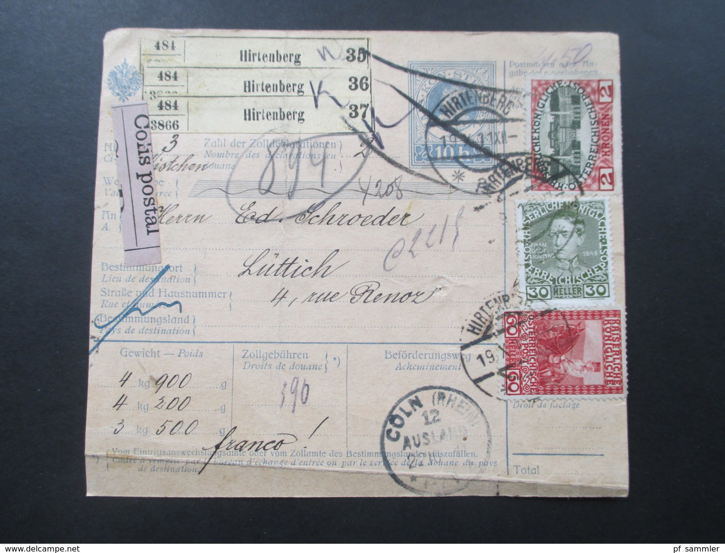 Österreich 1911 Nr. 154 MiF Paketkarte Mit Klebzettel 484 Hirtenberg Nach Lüttich über Köln U. Liege! Viele Stempel!! - Briefe U. Dokumente