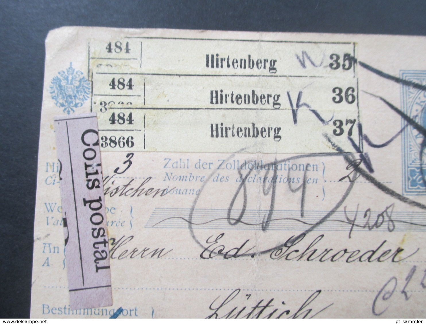 Österreich 1911 Nr. 154 MiF Paketkarte Mit Klebzettel 484 Hirtenberg Nach Lüttich über Köln U. Liege! Viele Stempel!! - Briefe U. Dokumente