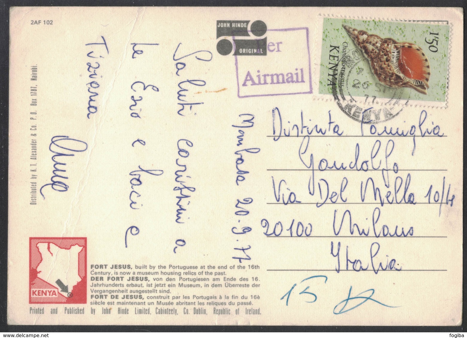 QS117  Kenya Airmail Postcard To Italy 1977, Stamps Sea Shell - Kenia (1963-...)