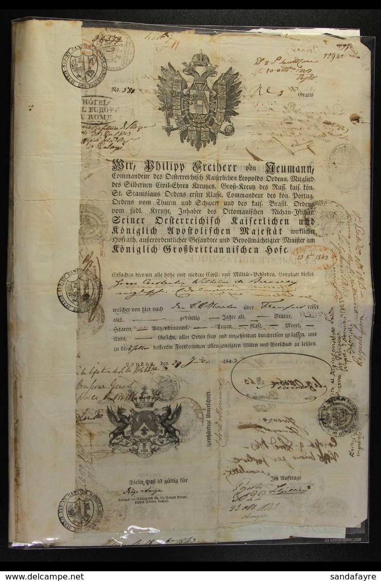 1843 PASSPORT Fabulous Illustrated Passport Printed In German And Issued In London By The Austrian Ambassador, Philip Ba - Sonstige & Ohne Zuordnung